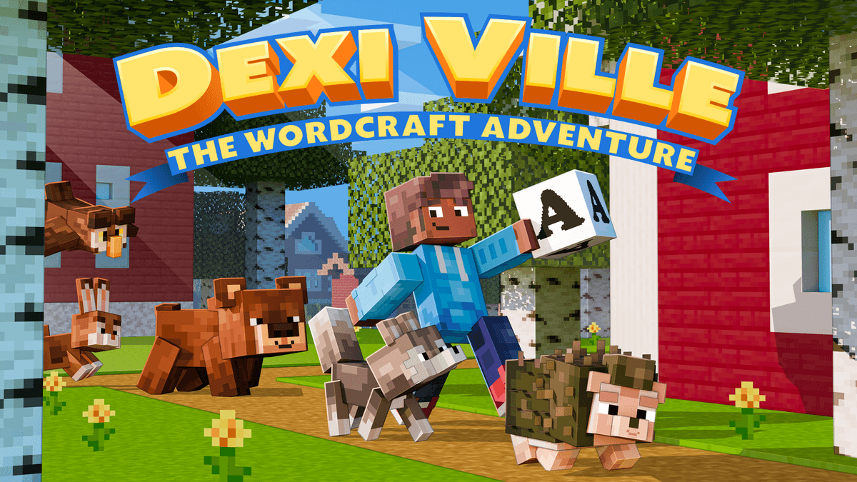 Dexi Ville - An image of 5 animals wandering through a Swedish village with a Minecraft character ''Sam'' among them. Sam is holding an ''A'' letter block.