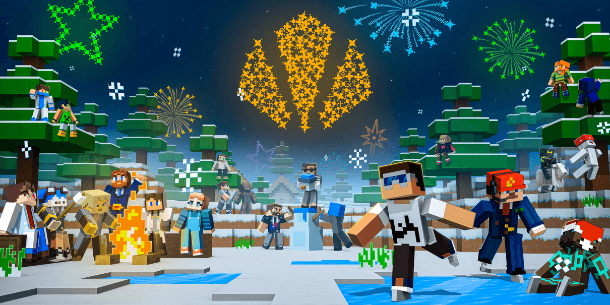 Minecraft characters with winter festive background